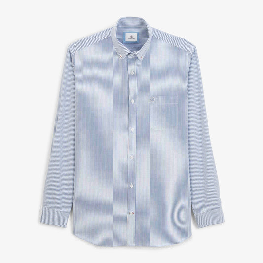 Herenoverhemd met lange mouwen van blauw gestreept Oxford-katoen met sashiko-steek SERGE BLANCO