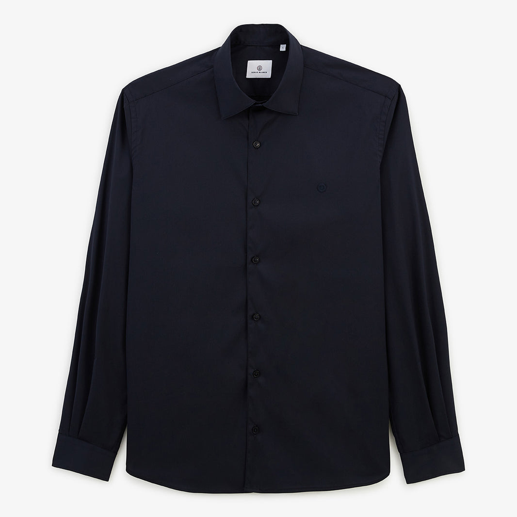 Camicia a maniche lunghe in cotone elasticizzato tinta unita blu navy UOMO SERGE BLANCO