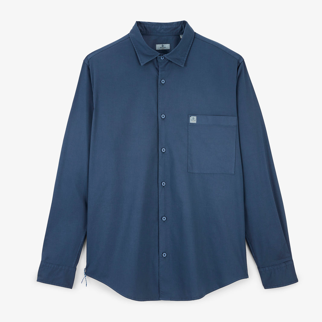 Chemise manches longues en twill stretch bleu SBPLAY, vue de face.