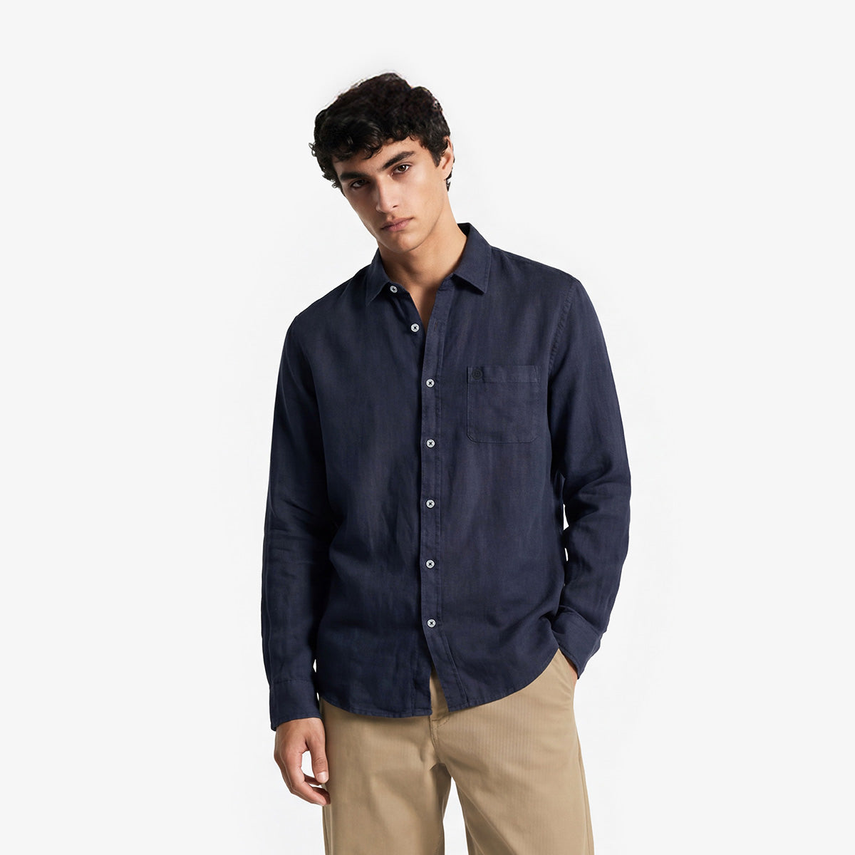 Chemise manches longues unie en lin gris carbone HOMME SERGE BLANCO