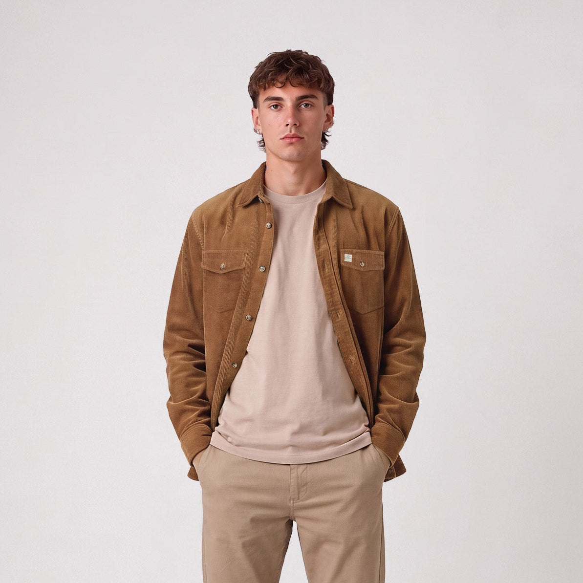 Camisa marrón avellana de SBPLAY que luce una modelo con el frente abierto.