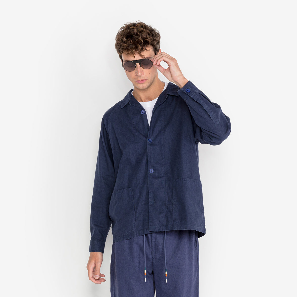 Wakura worker jacket in midnight blue linen