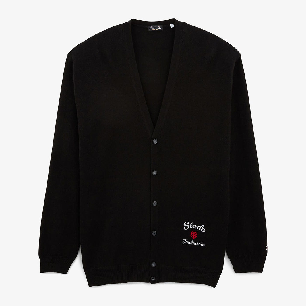Gilet Stade Toulousain noir SERGE BLANCO boutonné, vu de face, avec broderie rouge et blanche.