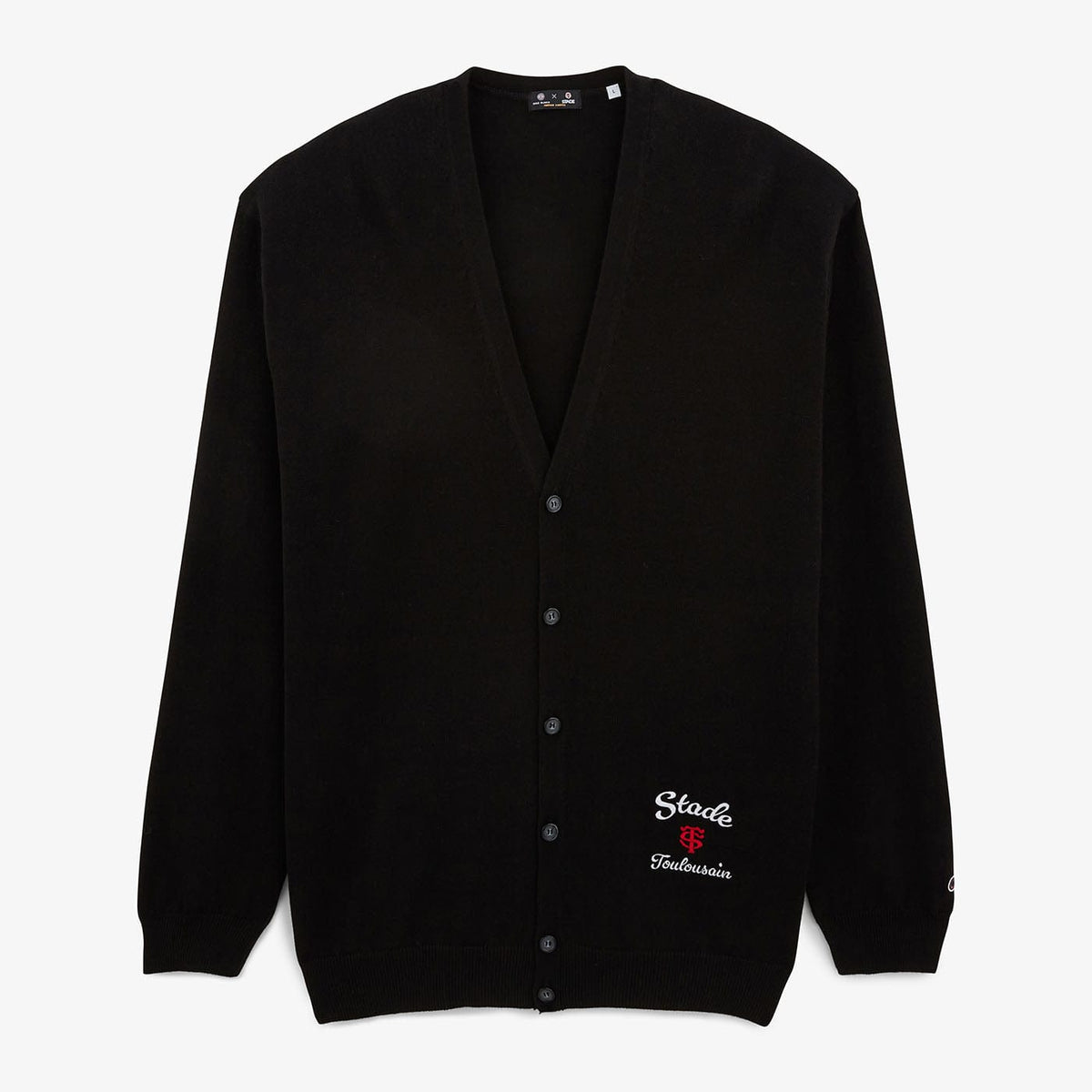 Gilet Stade Toulousain noir SERGE BLANCO boutonné, vu de face, avec broderie rouge et blanche.