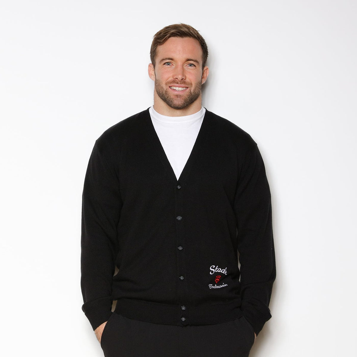 Gilet Stade Toulousain noir SERGE BLANCO porté de face par un mannequin.