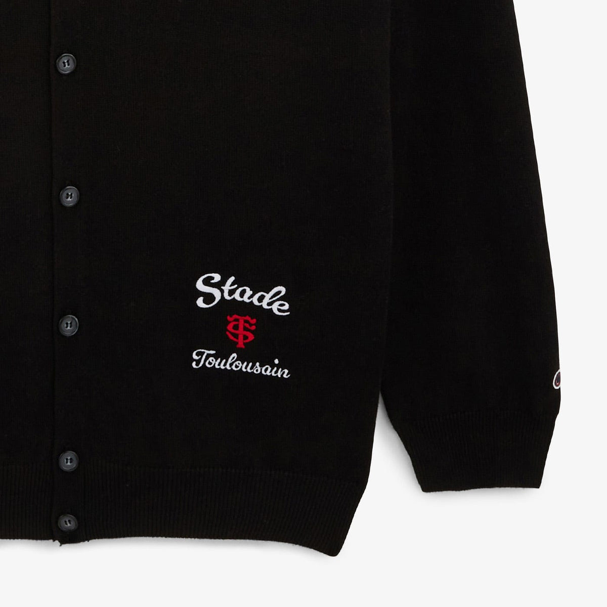 Détail des boutons et de la broderie Stade Toulousain du gilet noir SERGE BLANCO.