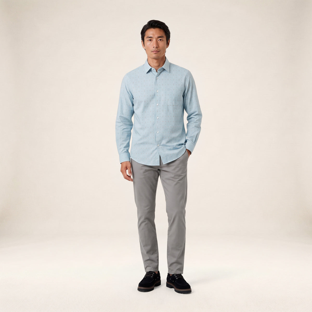 Chemise manches longues coton imprimé losanges bleu brise