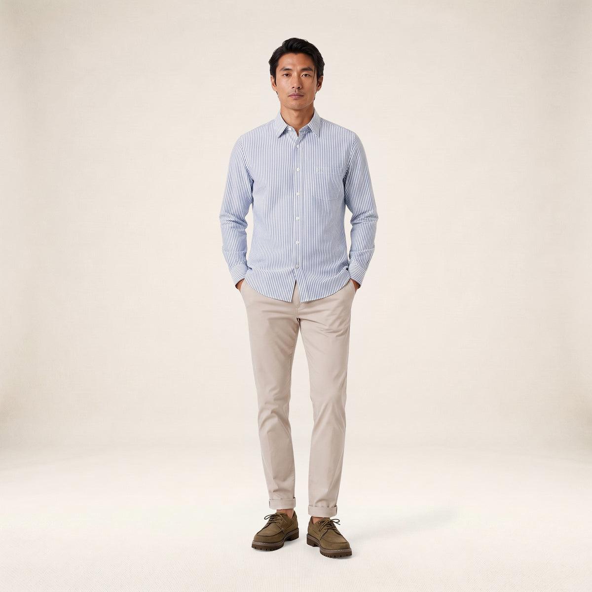Chemise manches longues rayée en coton bleu