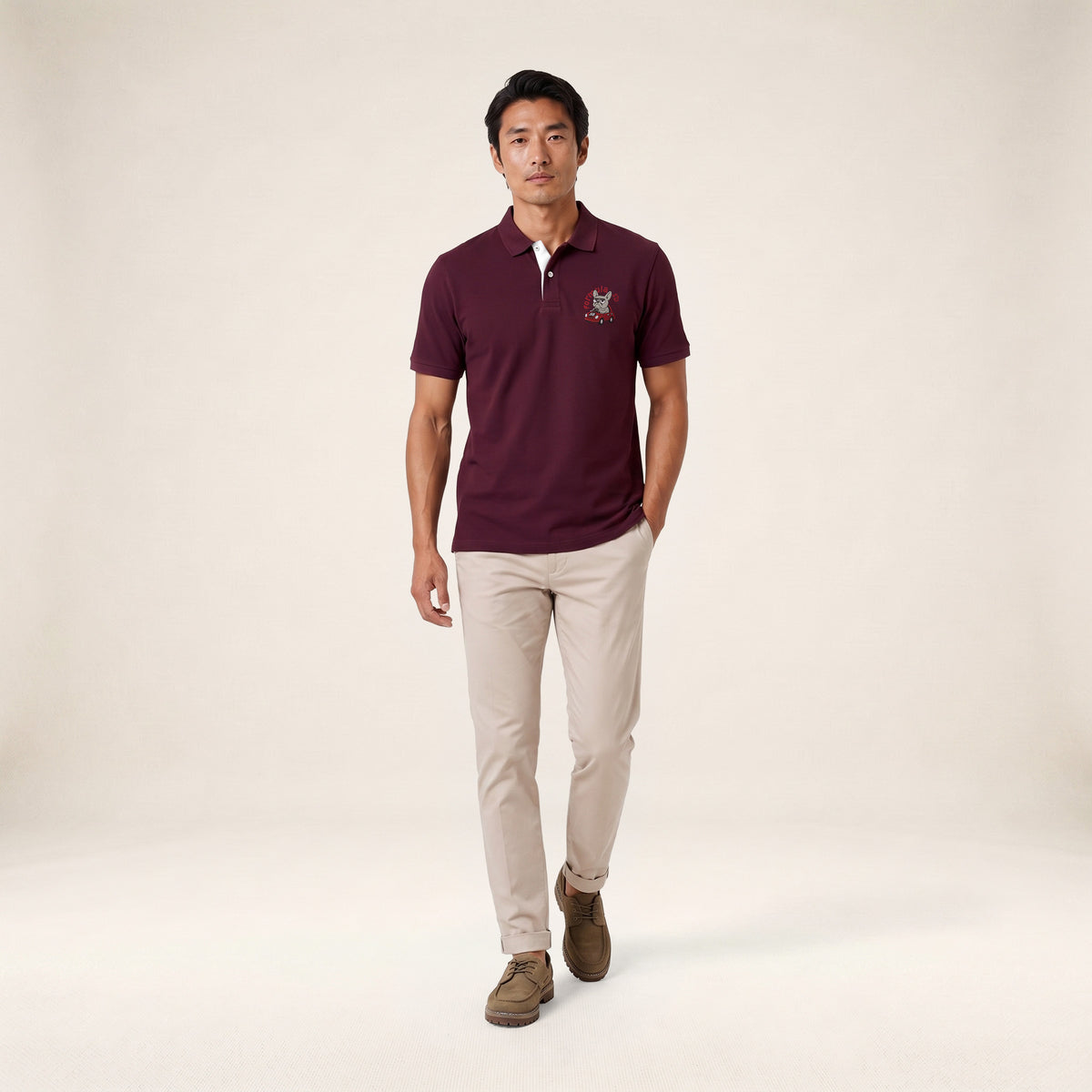 Polo piqué manches courtes en coton rouge vigne brodé Funky Animals