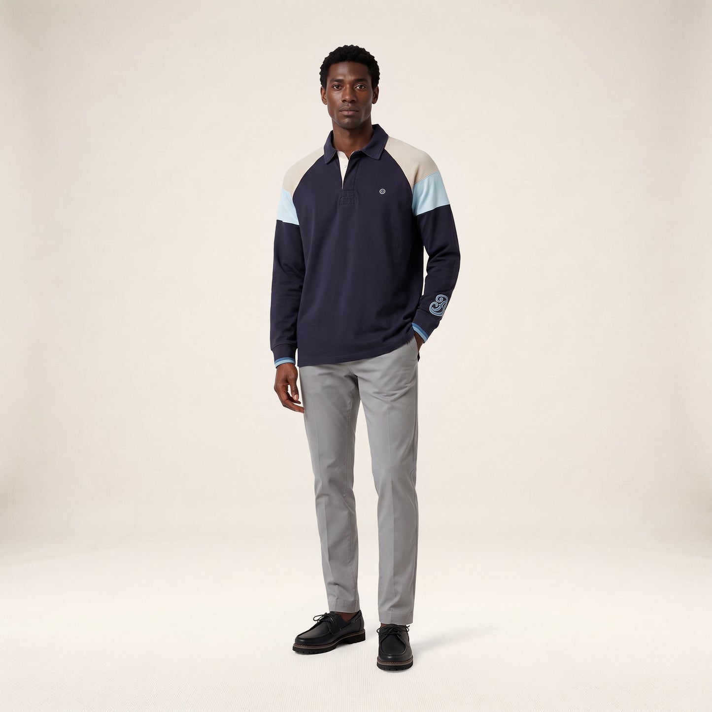 Polo de rugby manches longues raglan tricolore bleu marine