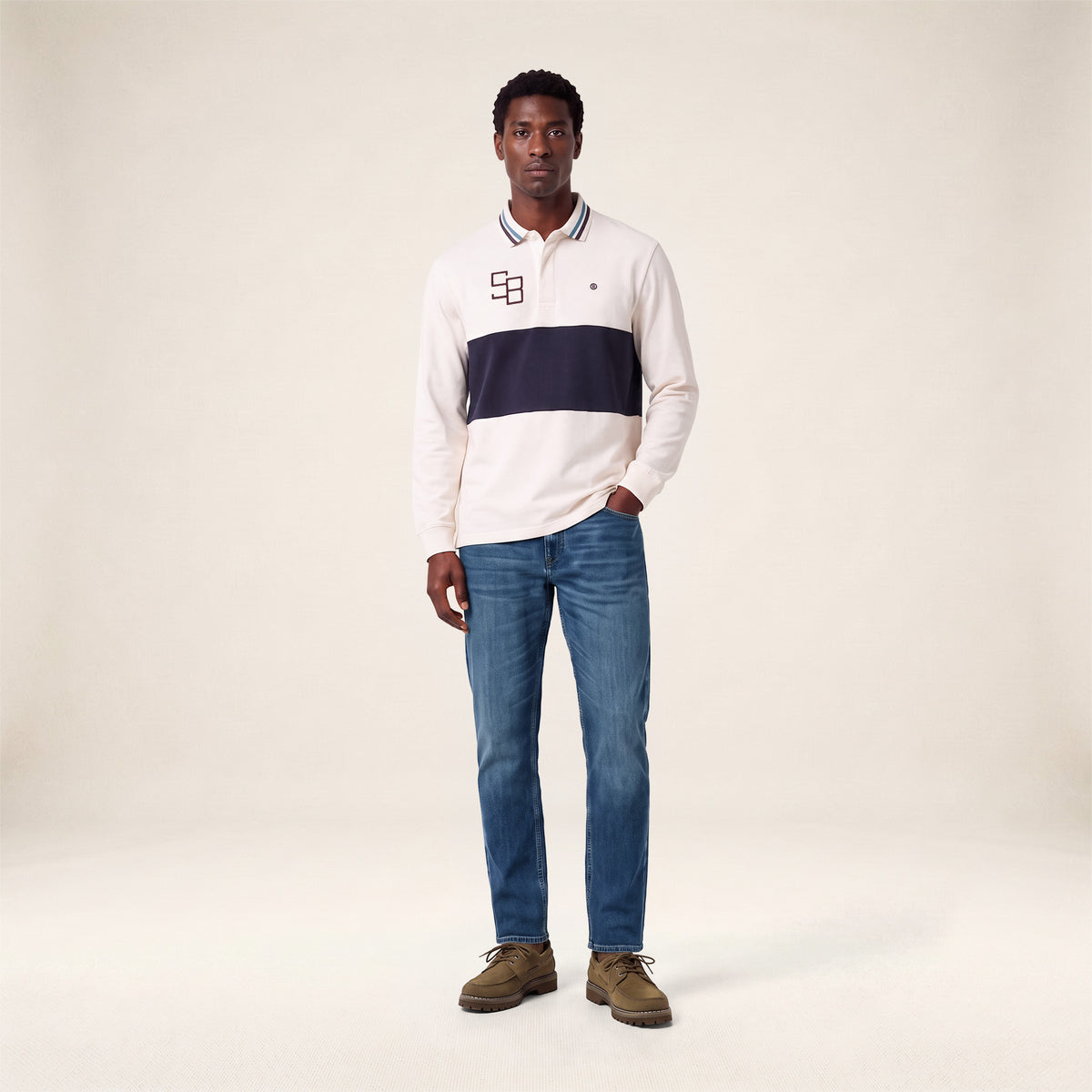 Polo de rugby manches longues bicolore broderie SB blanc cassé