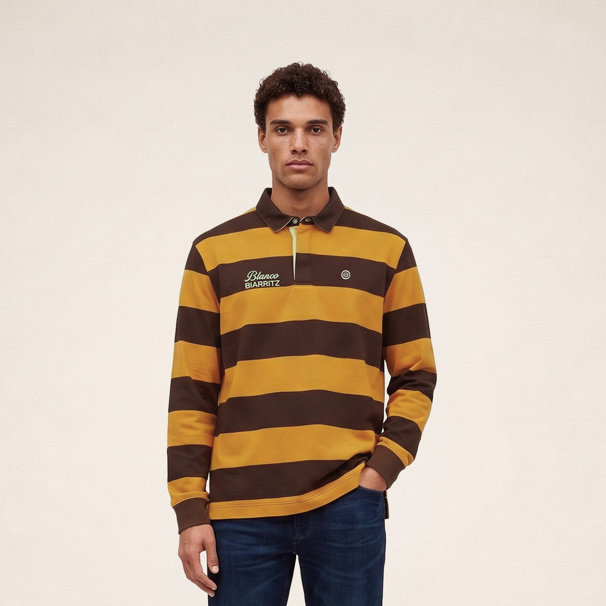 Polo da rugby a maniche lunghe a righe in cotone marrone BLANCO BIARRITZ
