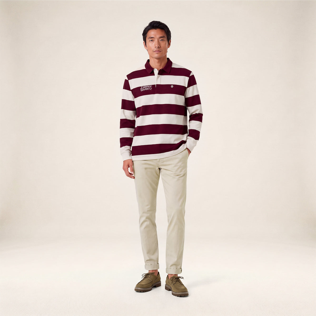 Polo de rugby manches longues rayé broderie BLANCO BIARRITZ rouge vigne