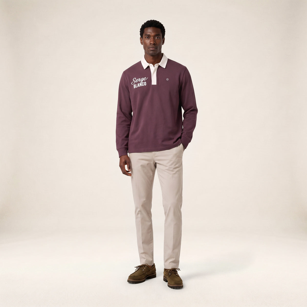Polo de rugby manches longues col contrasté broderie cornely SERGE BLANCO rouge vigne