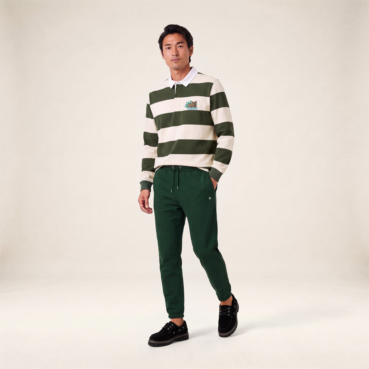 Polo de rugby manches longues rayé broderie Funky Animals vert thym
