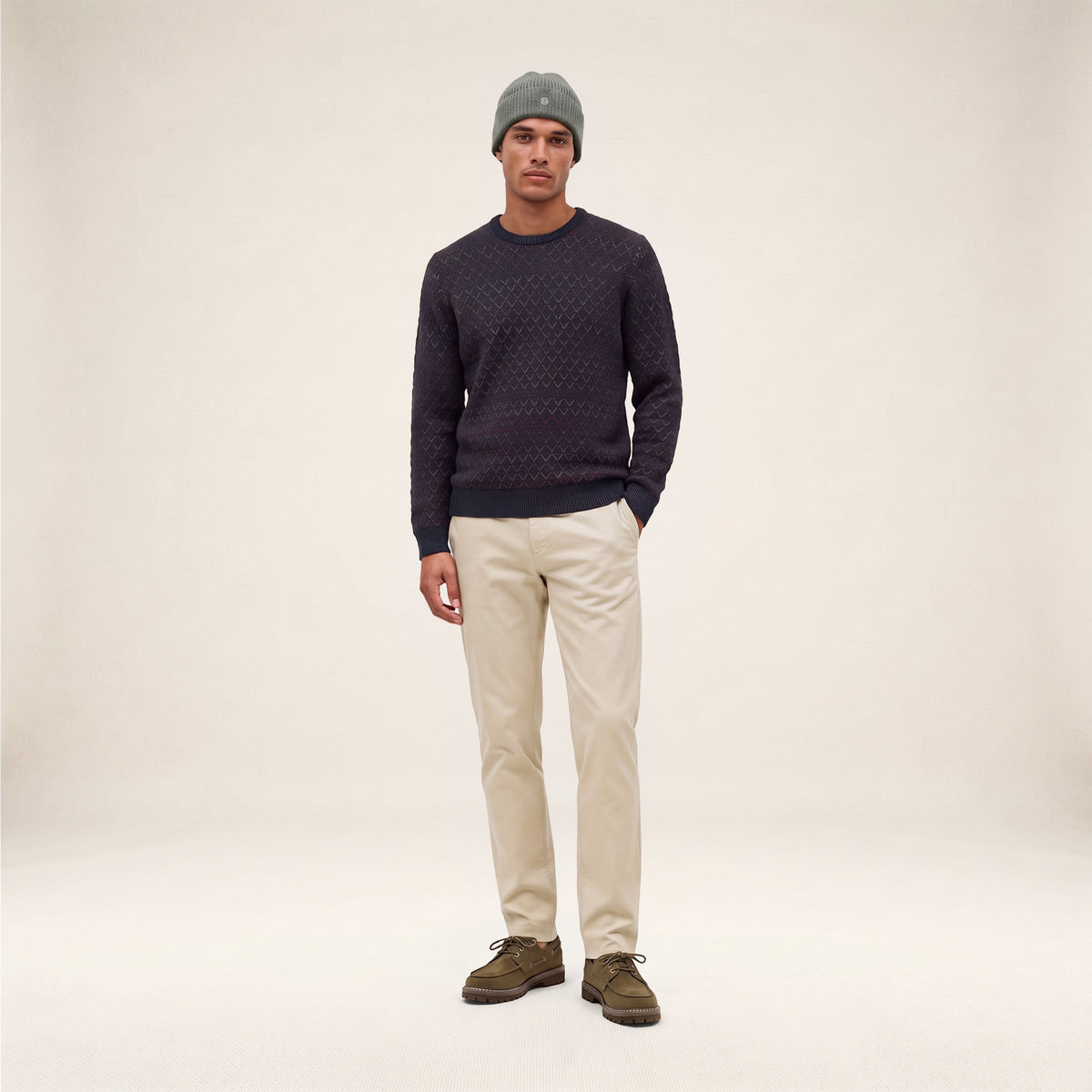 Pull Marat jacquard laine col rond bleu marine