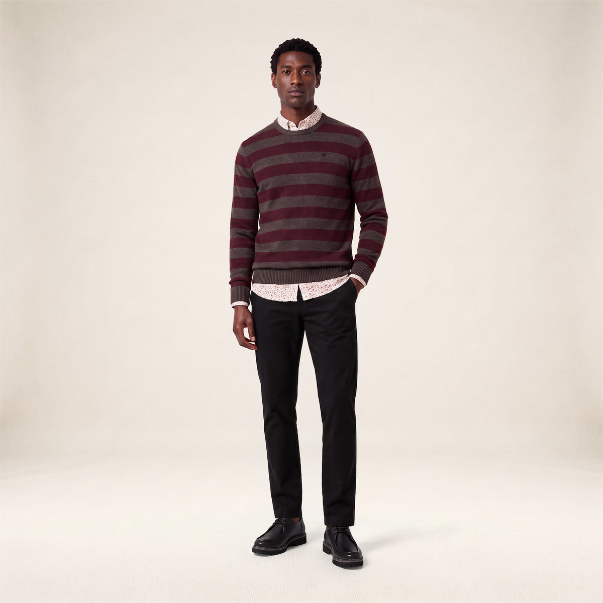 Pull Mirzan rayé laine col rond marron brownie