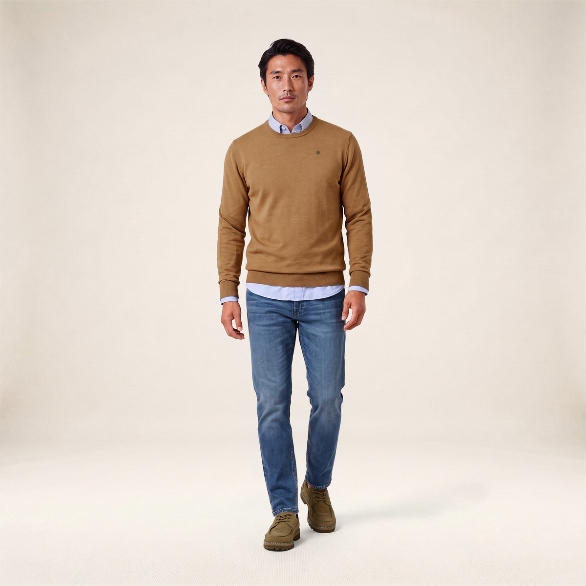 Pull Mao essentiel col rond marron noyer