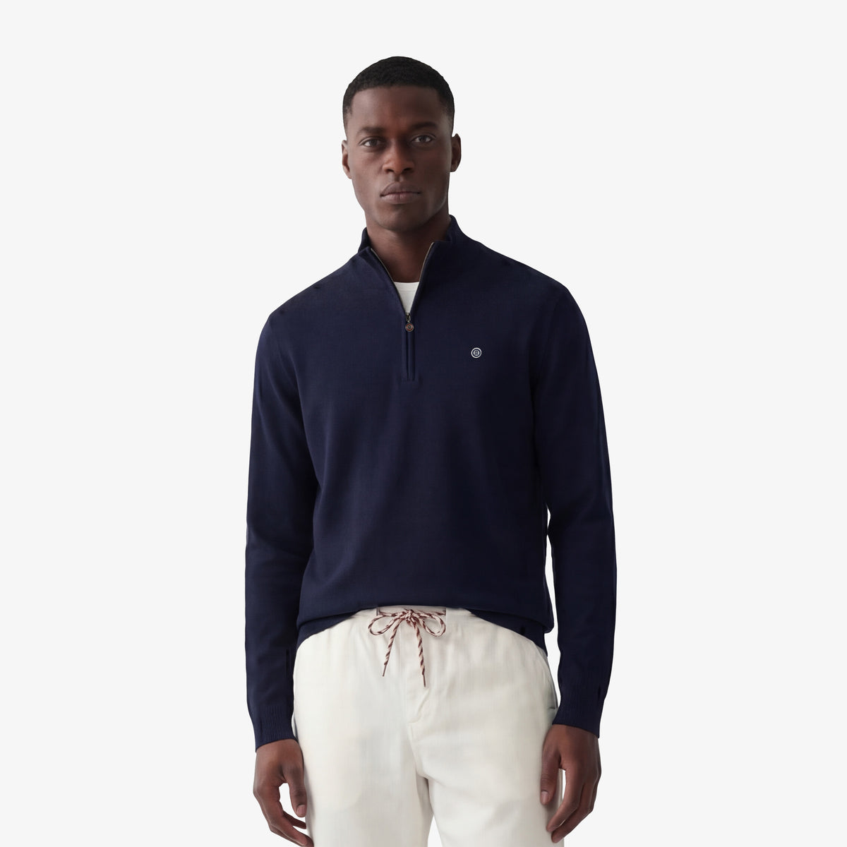 Pull col zippé en coton et laine bleu marine Malo