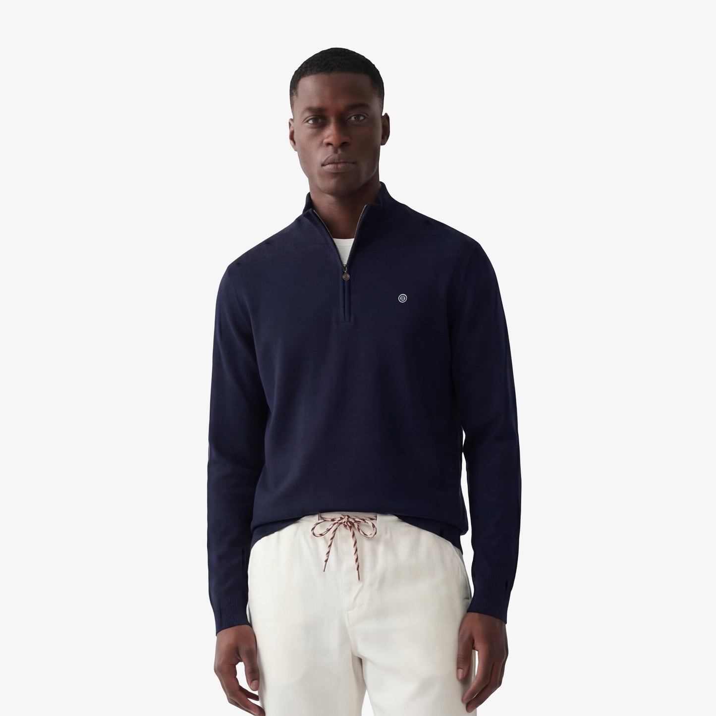 Pull col zippé en coton et laine bleu marine Malo