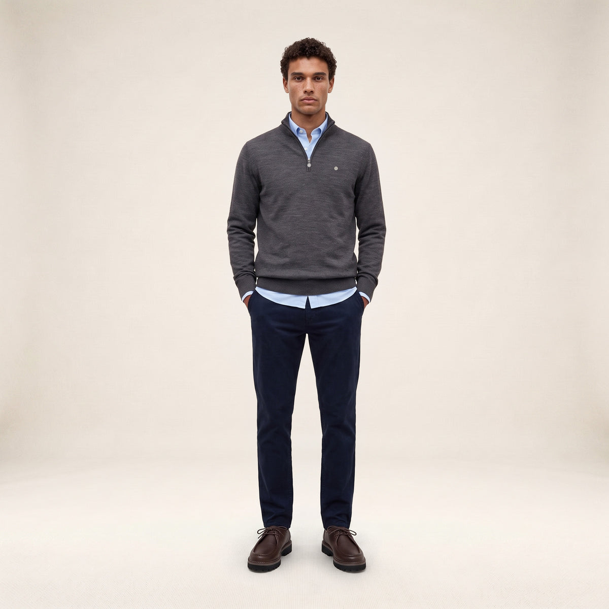 Pull col zippé laine mérinos mélangée gris clair chiné Marvine