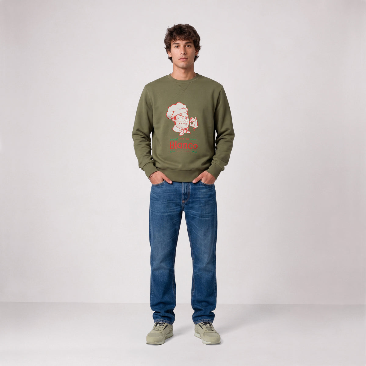 Sweat col rond imprimé Blanco Family Restaurant vert militaire SBPLAY