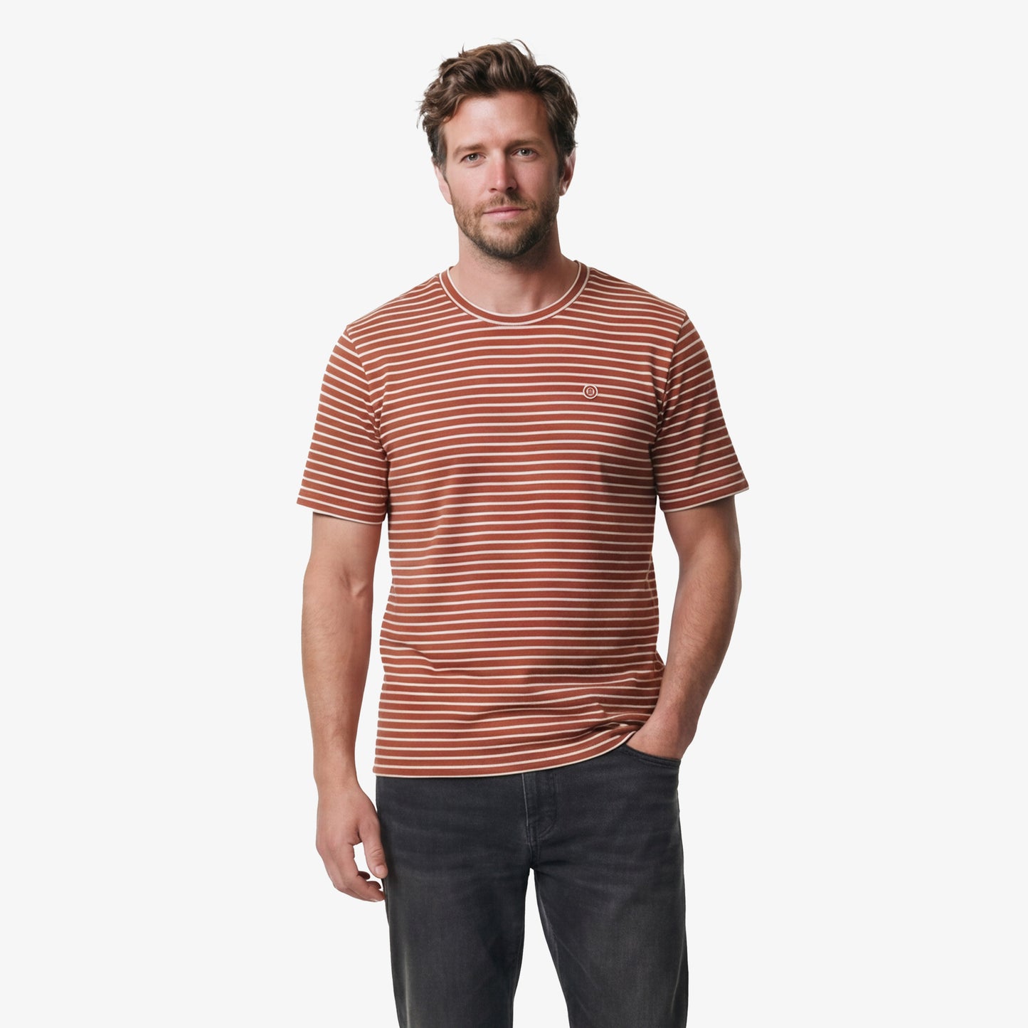 T-shirt met ronde hals, wit-rood gestreept, van linnen en viscose