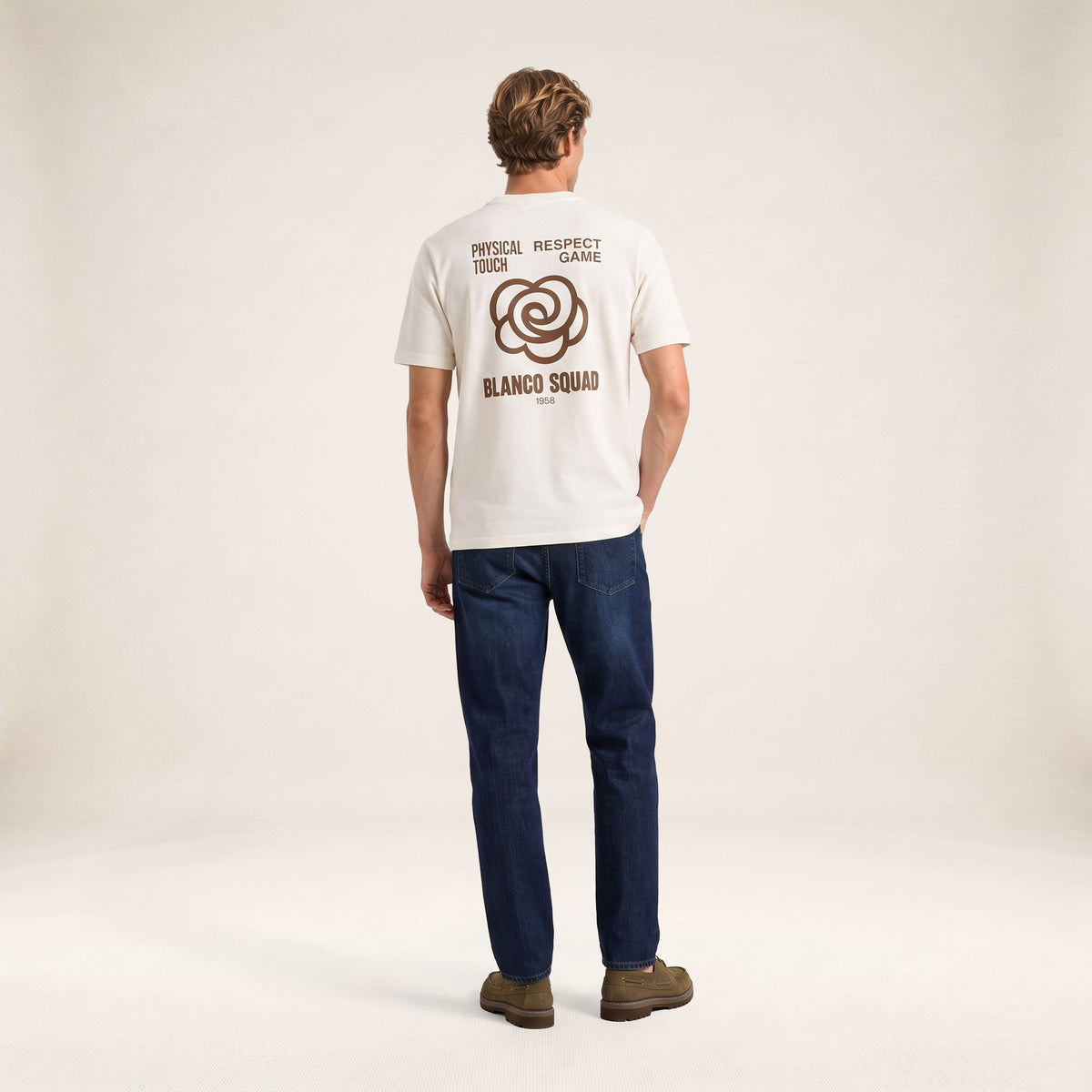 T-shirt manches courtes coton imprimé dos BLANCO SQUAD blanc cassé