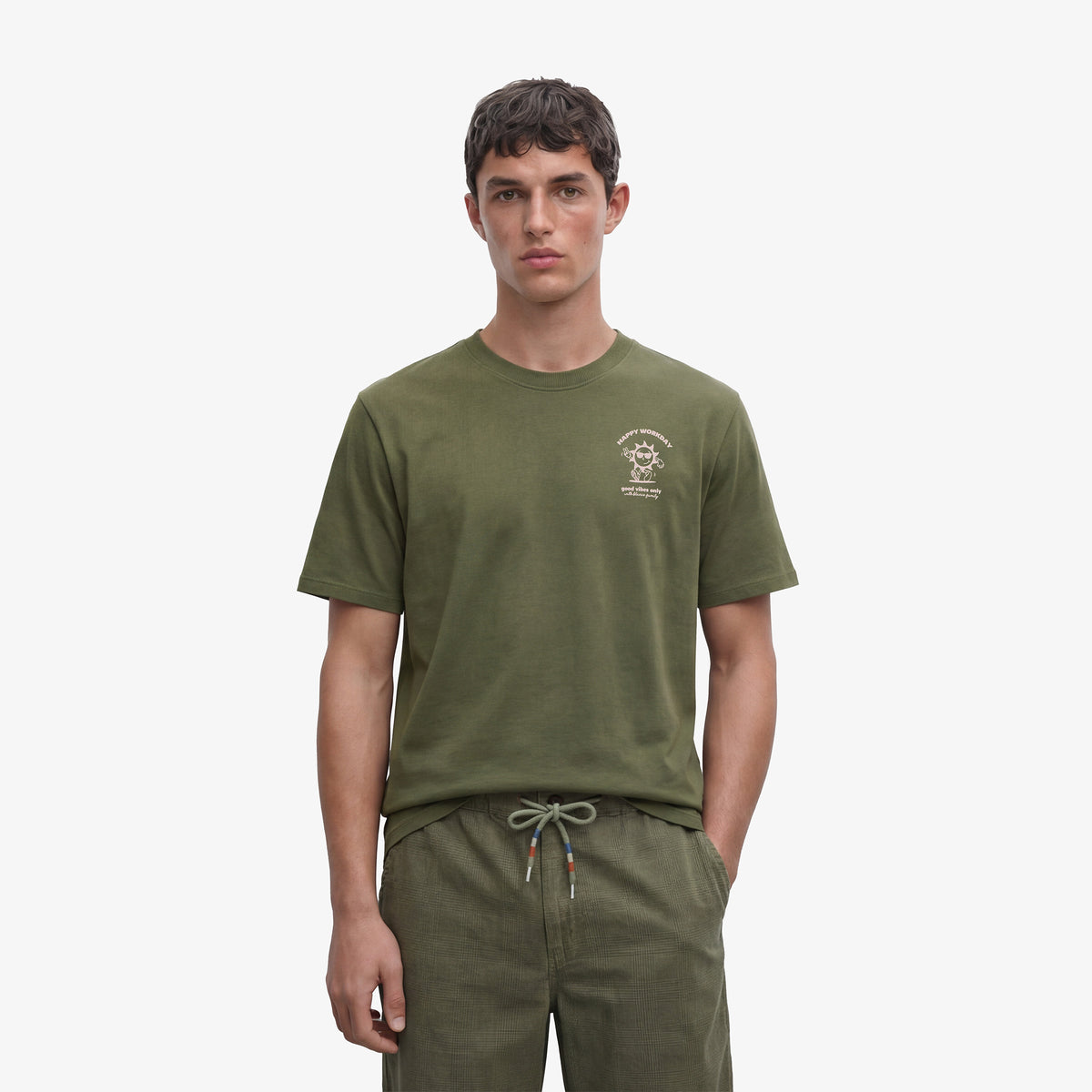 Military green printed cotton crew neck T-shirt