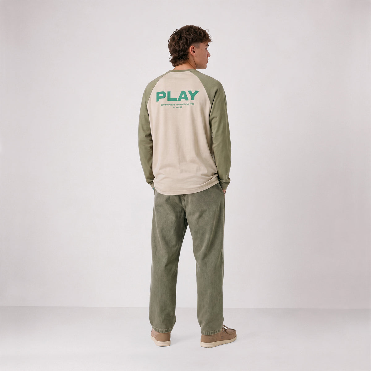 T-shirt manches longues col rond coton imprimé SBPLAY beige et kaki