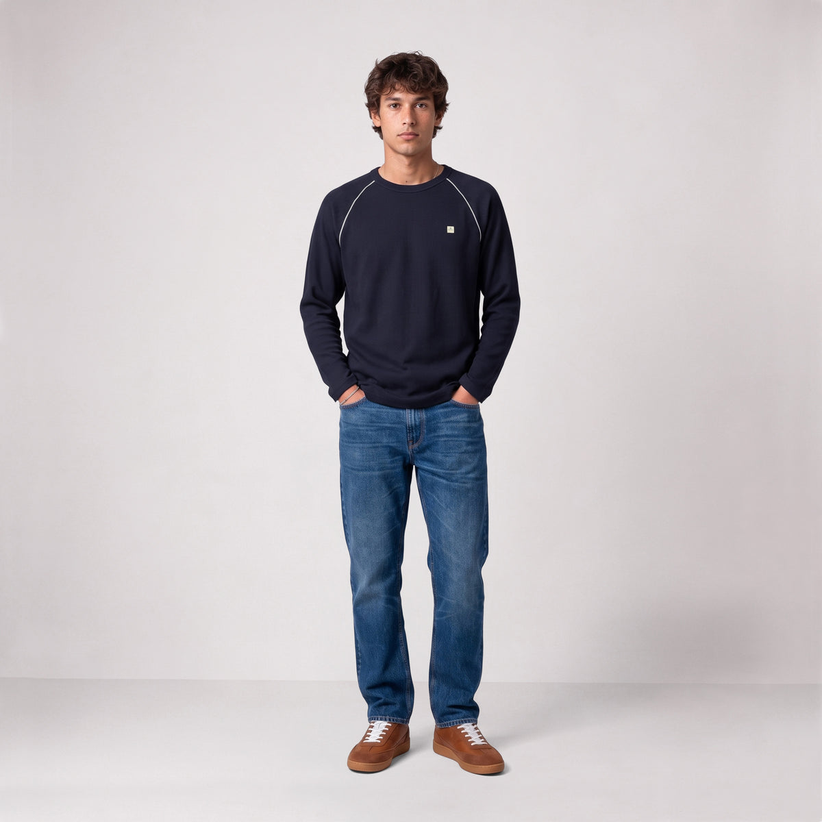 T-shirt manches longues col rond coton gaufré bleu marine SBPLAY