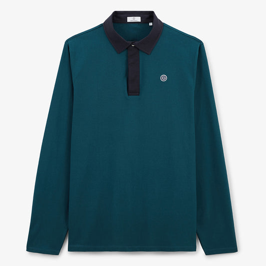 Men's opal blue cotton jersey rugby shirt with contrasting collar SERGE BLANCO