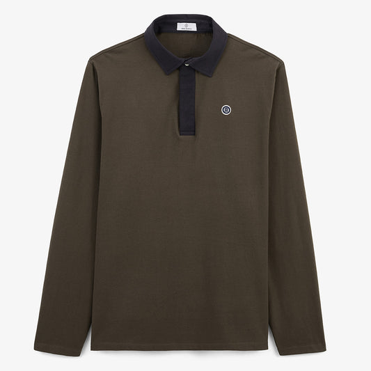 Men's SERGE BLANCO rugby jersey in clay brown cotton jersey with contrasting collar