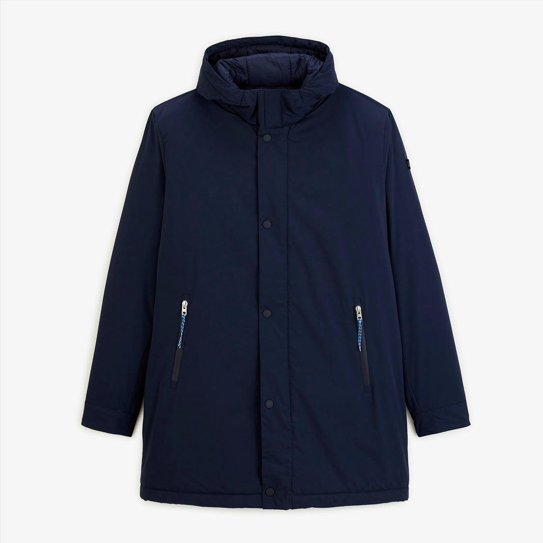 Parka Ethan SBPLAY bleu marine à capuche avec poches zippées, vue de face.