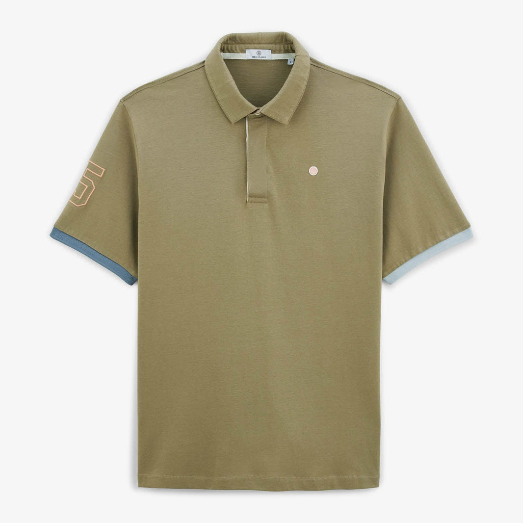 Luis Col Men's Short-Sleeve Rugby Polo Shirt, Khaki Green Cotton, SERGE BLANCO