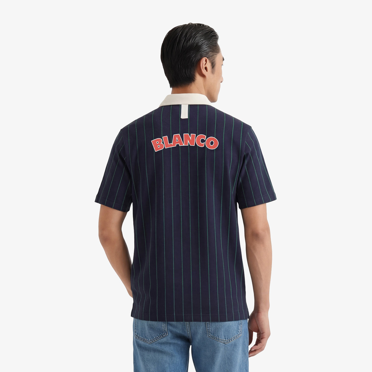 Polo manches courtes en coton jersey rayé bleu marine et vert