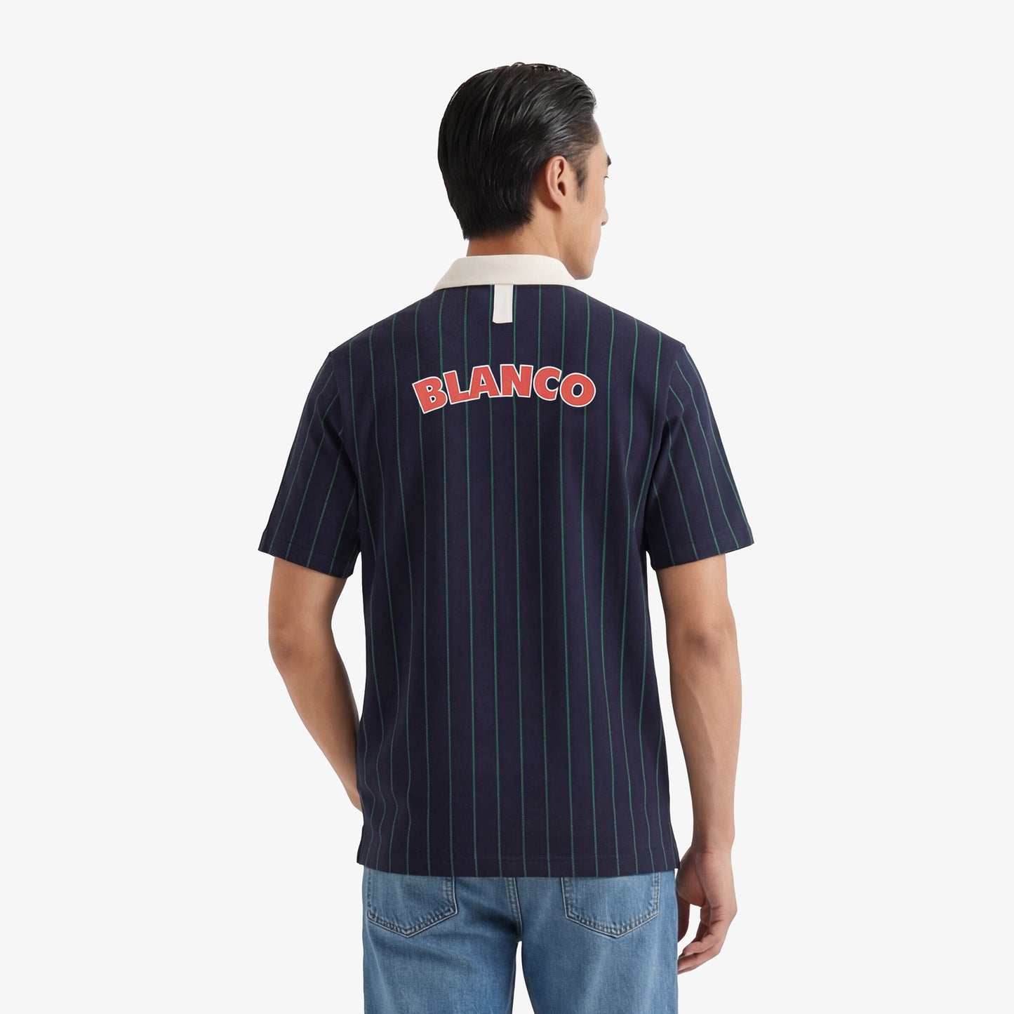 Polo manches courtes en coton jersey rayé bleu marine et vert