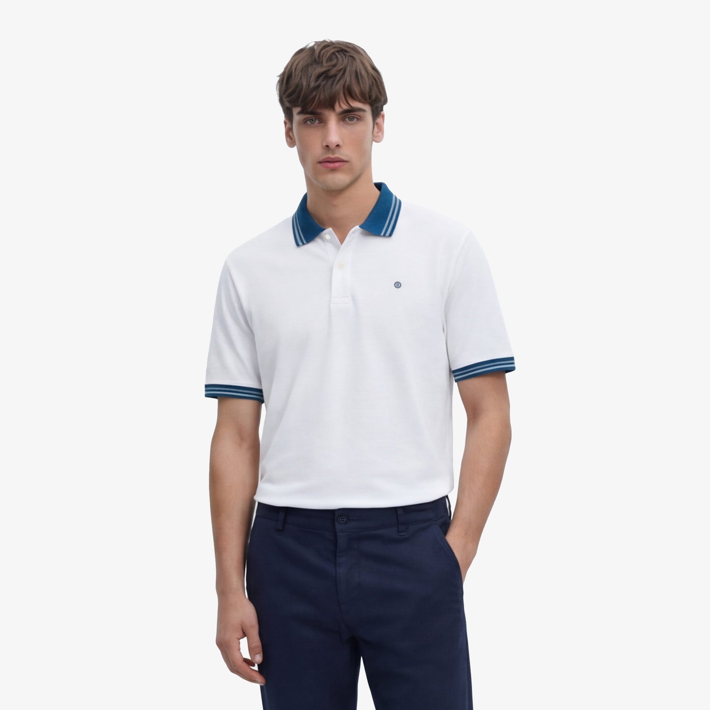 Polo manches courtes en coton maille piquée blanc optique détails bicolores