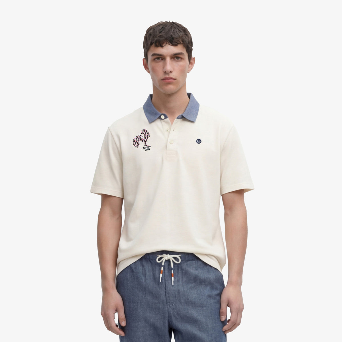 Polo manches courtes en jersey de coton broderie coq blanc off-white