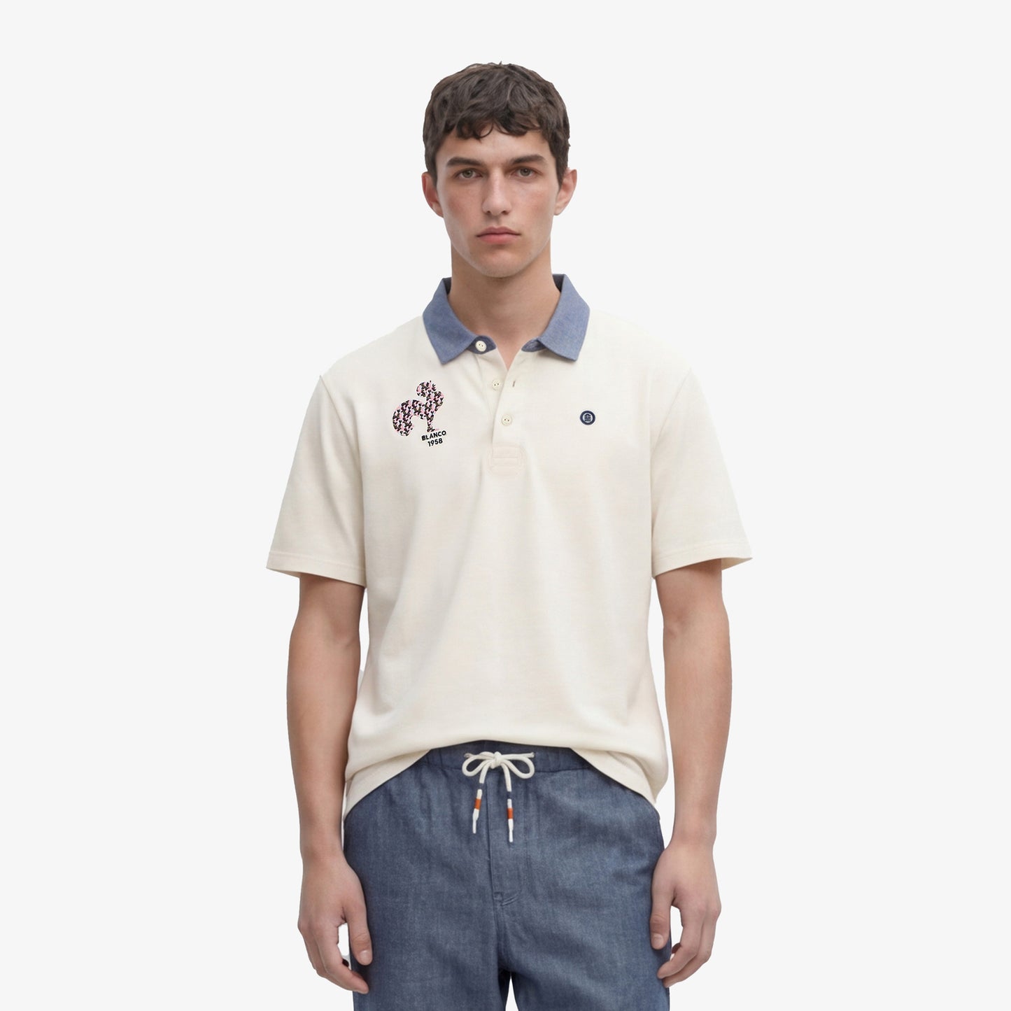 Polo manches courtes en jersey de coton broderie coq blanc off-white
