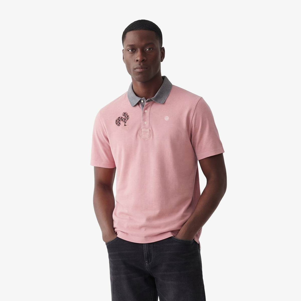 Polo manches courtes en jersey de coton broderie coq rose