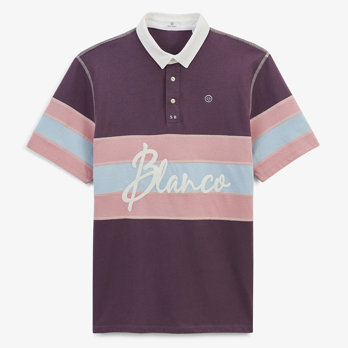 Men's short-sleeve cotton jersey polo shirt with overlock stitching in purple by SERGE BLANCO