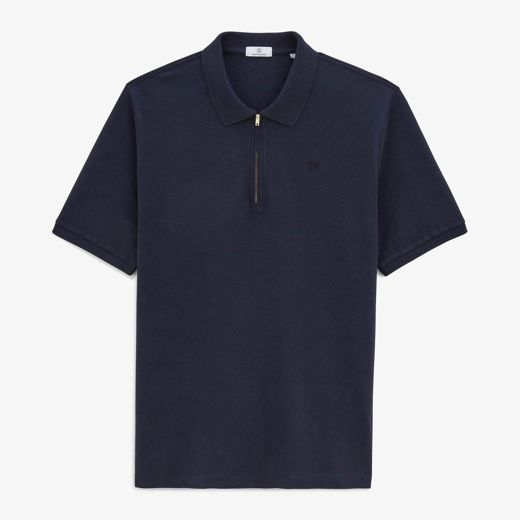 Polo de manga corta de piqué de lino y algodón con cuello con cremallera, azul marino oscuro, para hombre, SERGE BLANCO