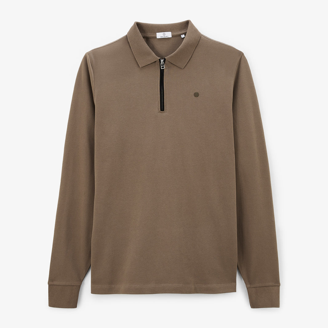 Polo Manches Longues En Coton Piqué Avec Zip Marron Shitake Lindsay Homme SERGE BLANCO