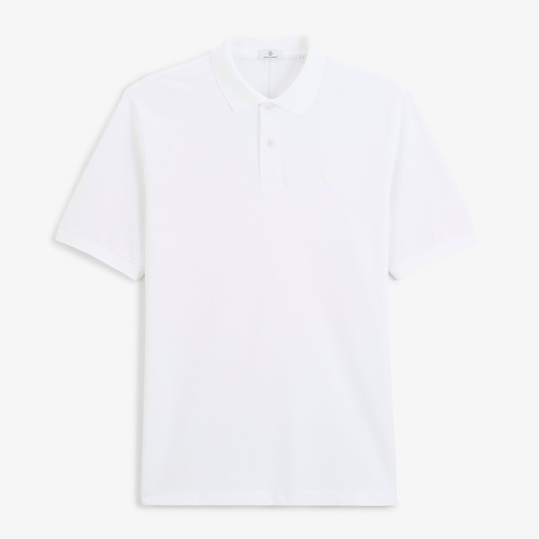 Polo piqué Lucas à manches courtes en coton blanc, vue de face.
