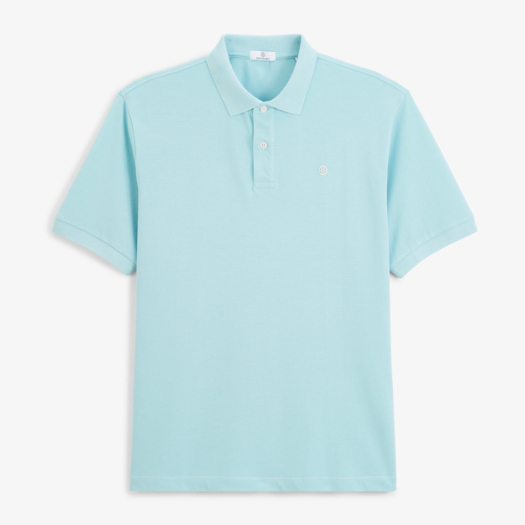 Polo piqué Lucas à manches courtes en coton bleu clair, vue de face.