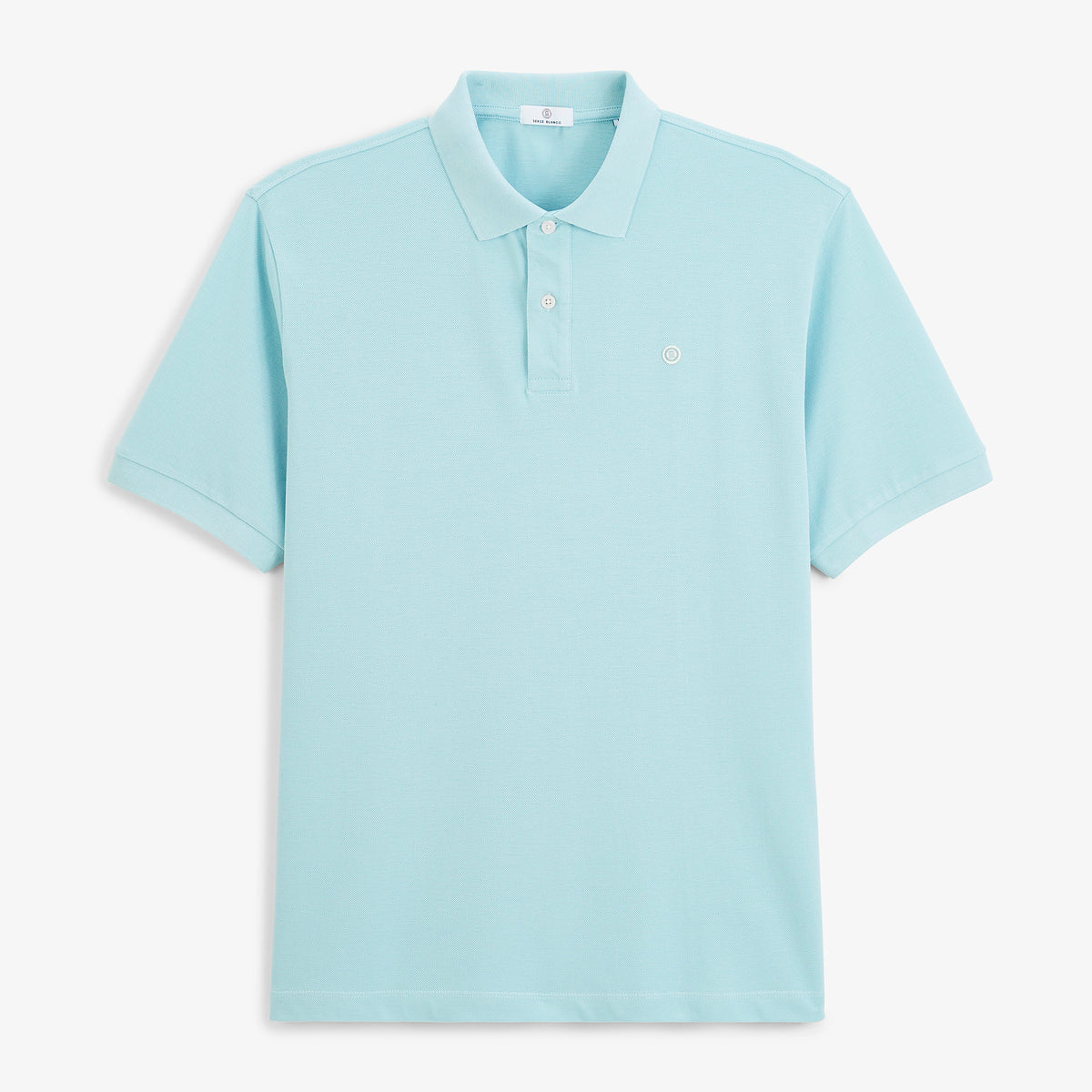 Polo piqué Lucas à manches courtes en coton bleu clair, vue de face.