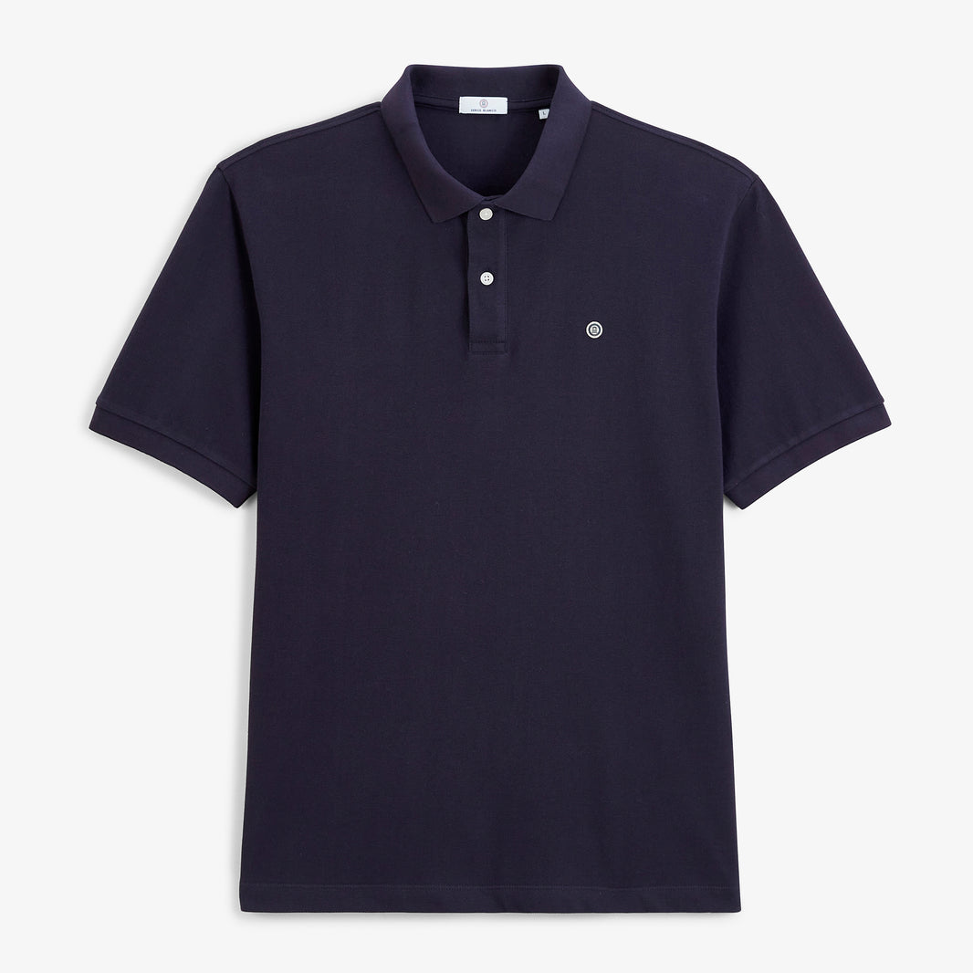 Polo piqué Lucas à manches courtes en coton bleu marine foncé, vue de face.