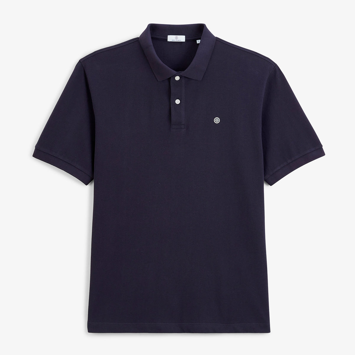 Polo piqué Lucas à manches courtes en coton bleu marine foncé, vue de face.