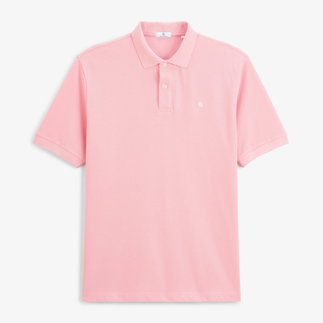 Polo piqué Lucas à manches courtes en coton rose, vue de face.